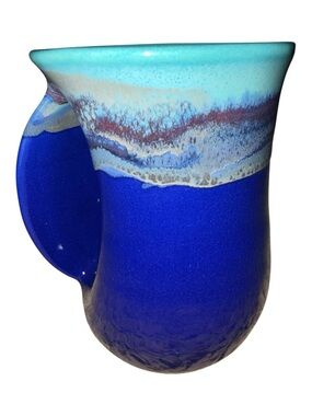 Neher LEFT Hand Warmer Mug Drip Glaze Blue/Teal Clay in Motion Pottery 2016